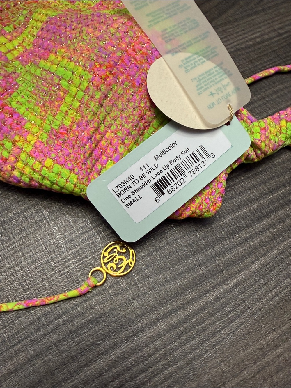 Luli Fama Neon Pink & Lime Textured One-Piece with Lace-Up Sides - Picture 3 of 4